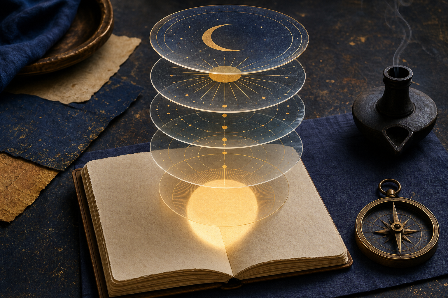 Layered celestial discs create a bright overlapping window above an unmarked planner and compass.