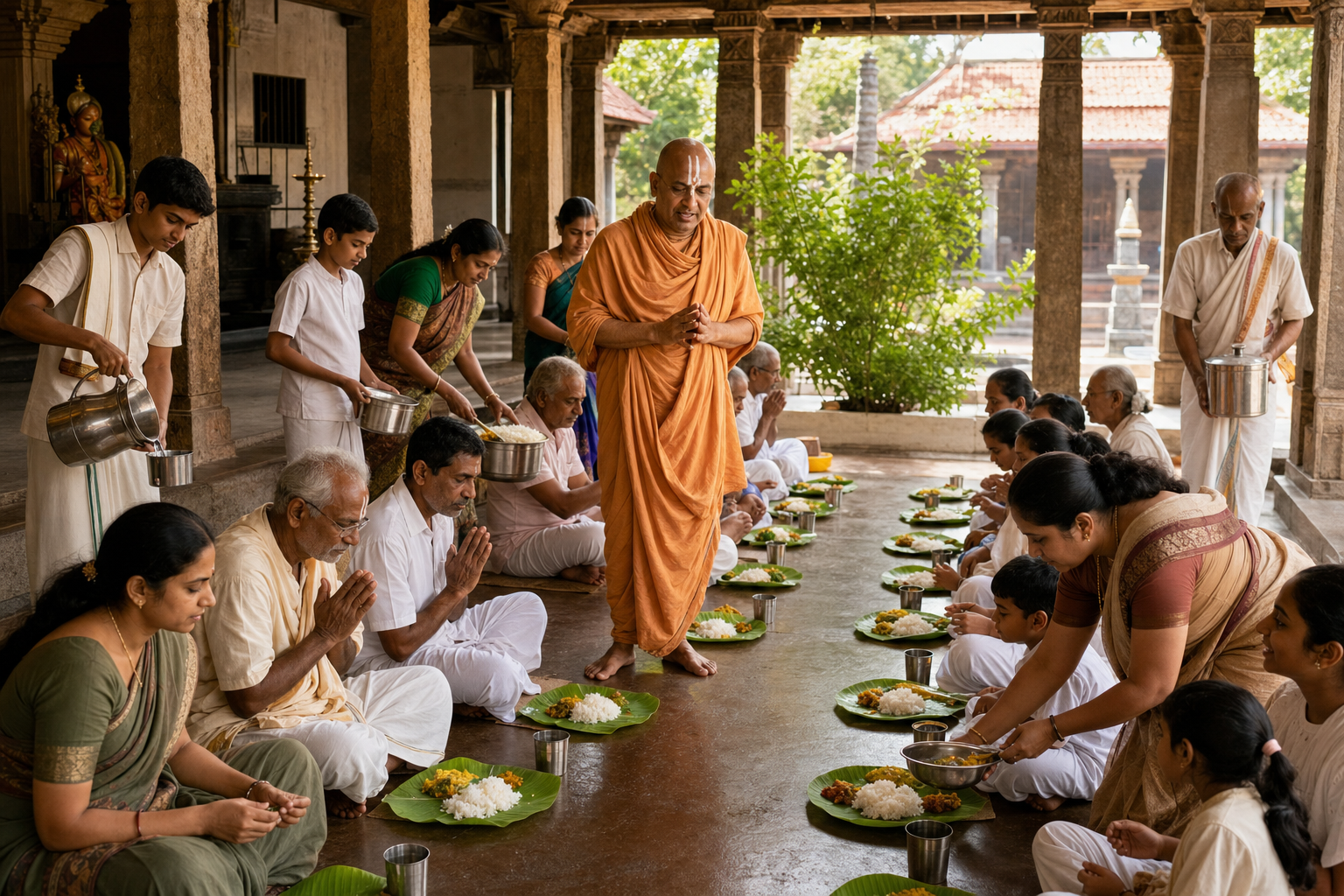 A Madhva teacher guides an intergenerational temple gathering while volunteers serve a simple vegetarian meal on leaf plates.
