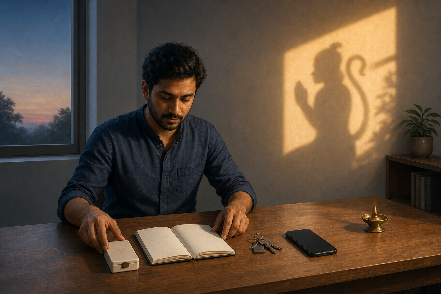 A person organizes medicine, keys, a blank notebook, and a phone on a desk at dawn while a monkey-tailed devotional shadow falls on the wall.