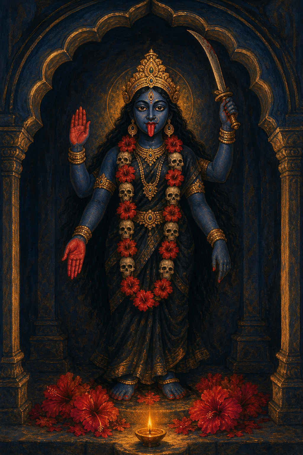 A four-armed blue-black image of Kali holds a ritual sword while extending gestures of reassurance and blessing above hibiscus flowers and a small lamp.