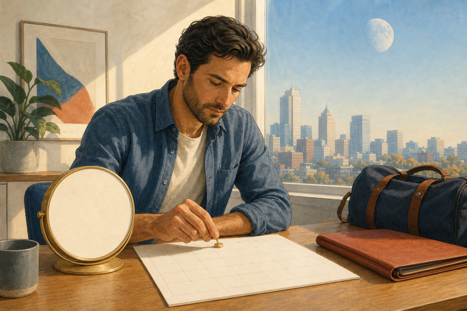 A person at a desk places a gold marker on an unmarked calendar beside a clock, folder, and travel bag.