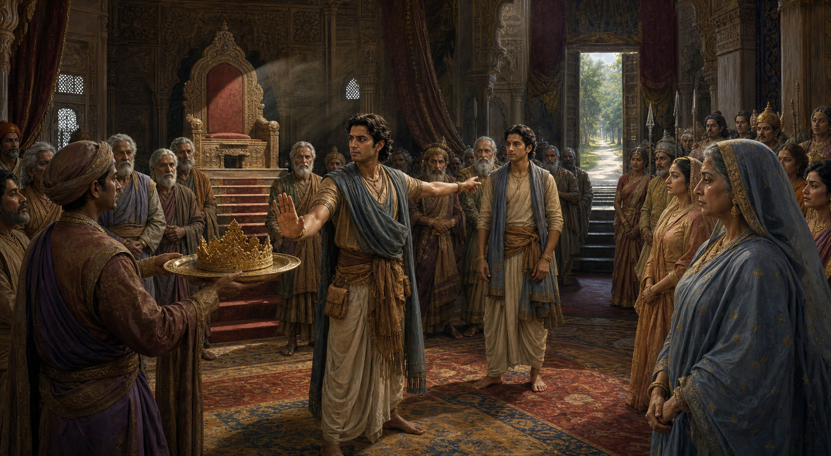 Bharata raises an open hand to refuse a crown presented before Ayodhya's empty throne as members of the royal court look on.
