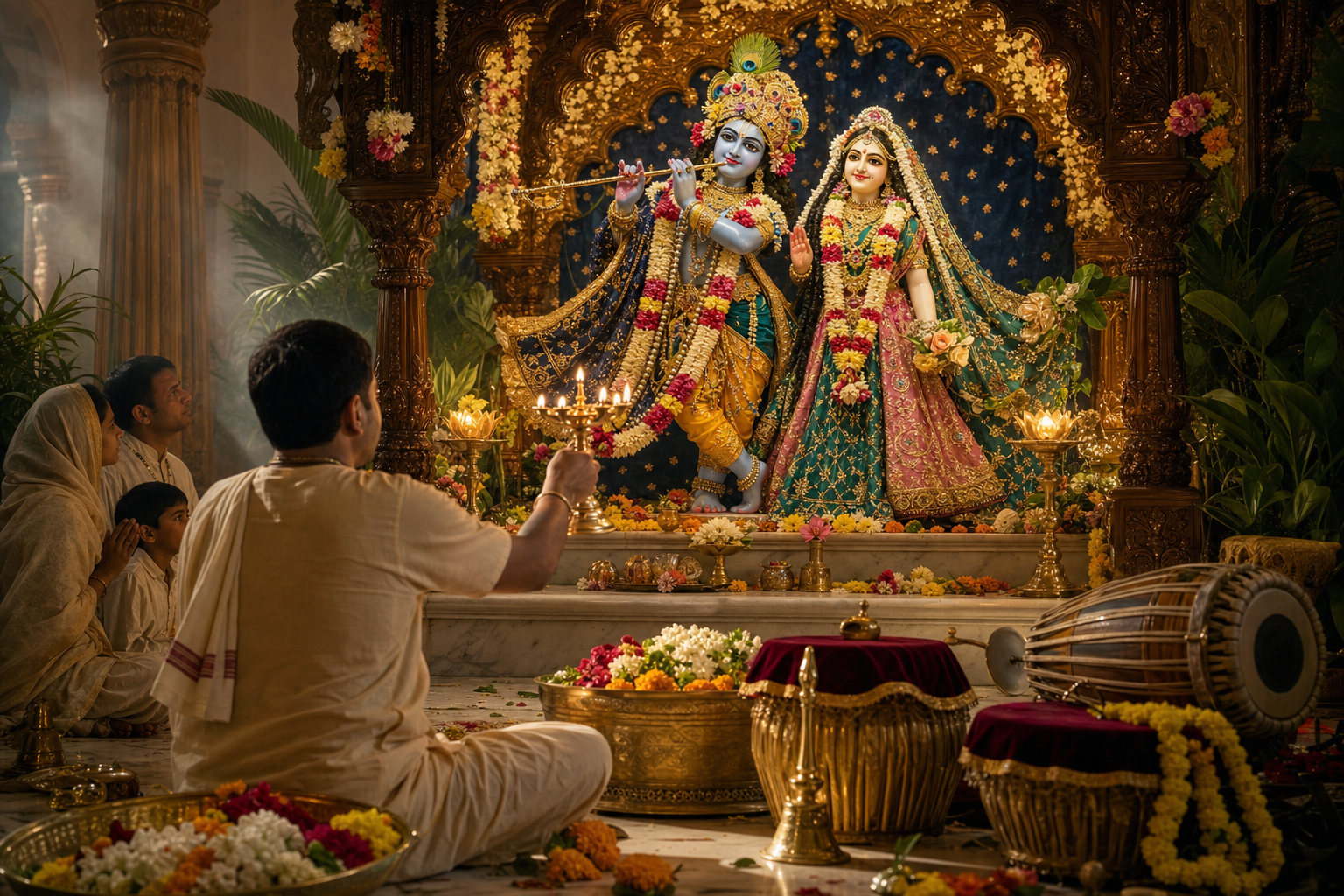 A devotee offers a brass lamp before a flower-decorated Radha-Krishna altar while other temple and household service elements appear nearby.