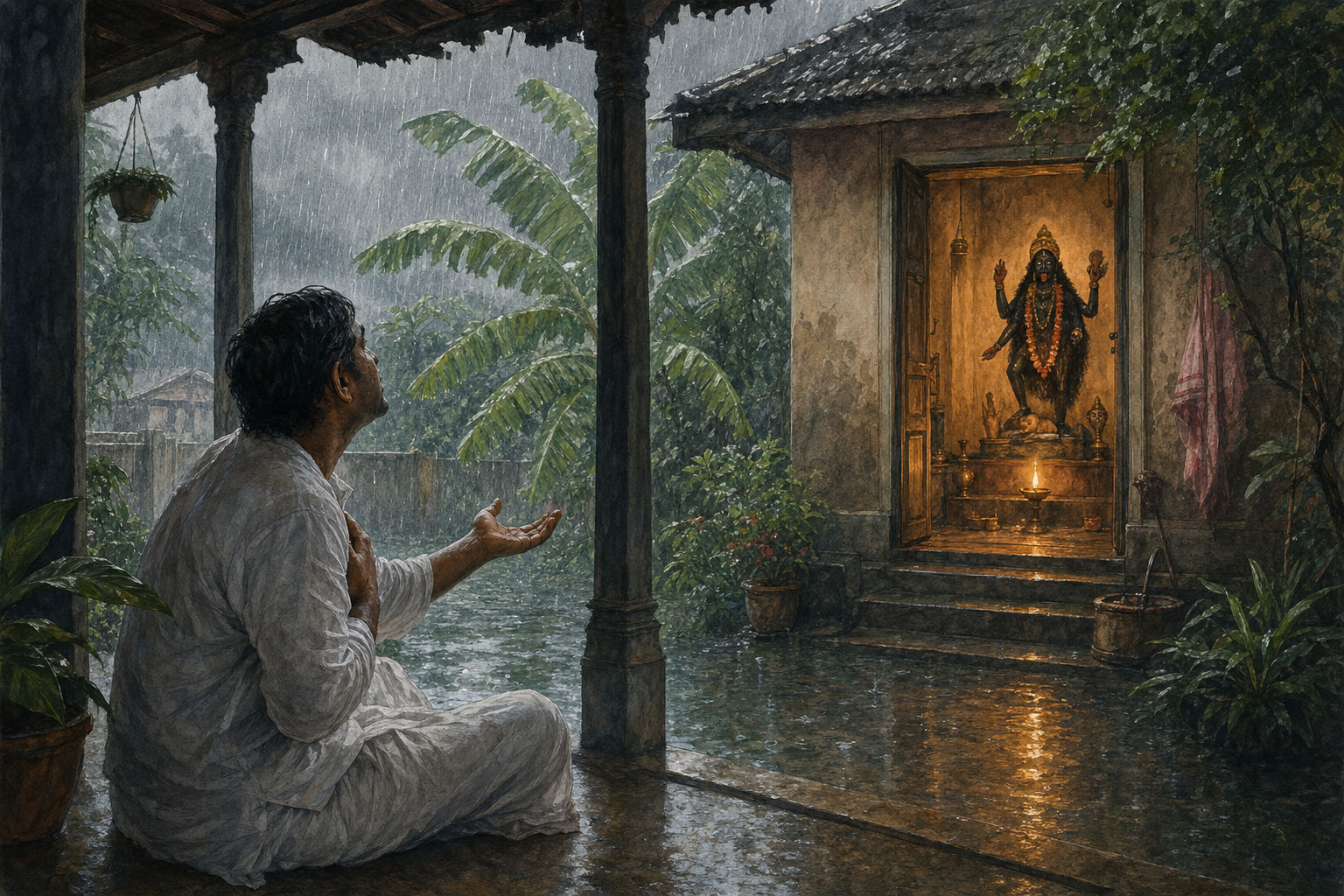 A devotee gestures with an open hand toward a lamp-lit Kali shrine while monsoon rain falls beyond a covered veranda.