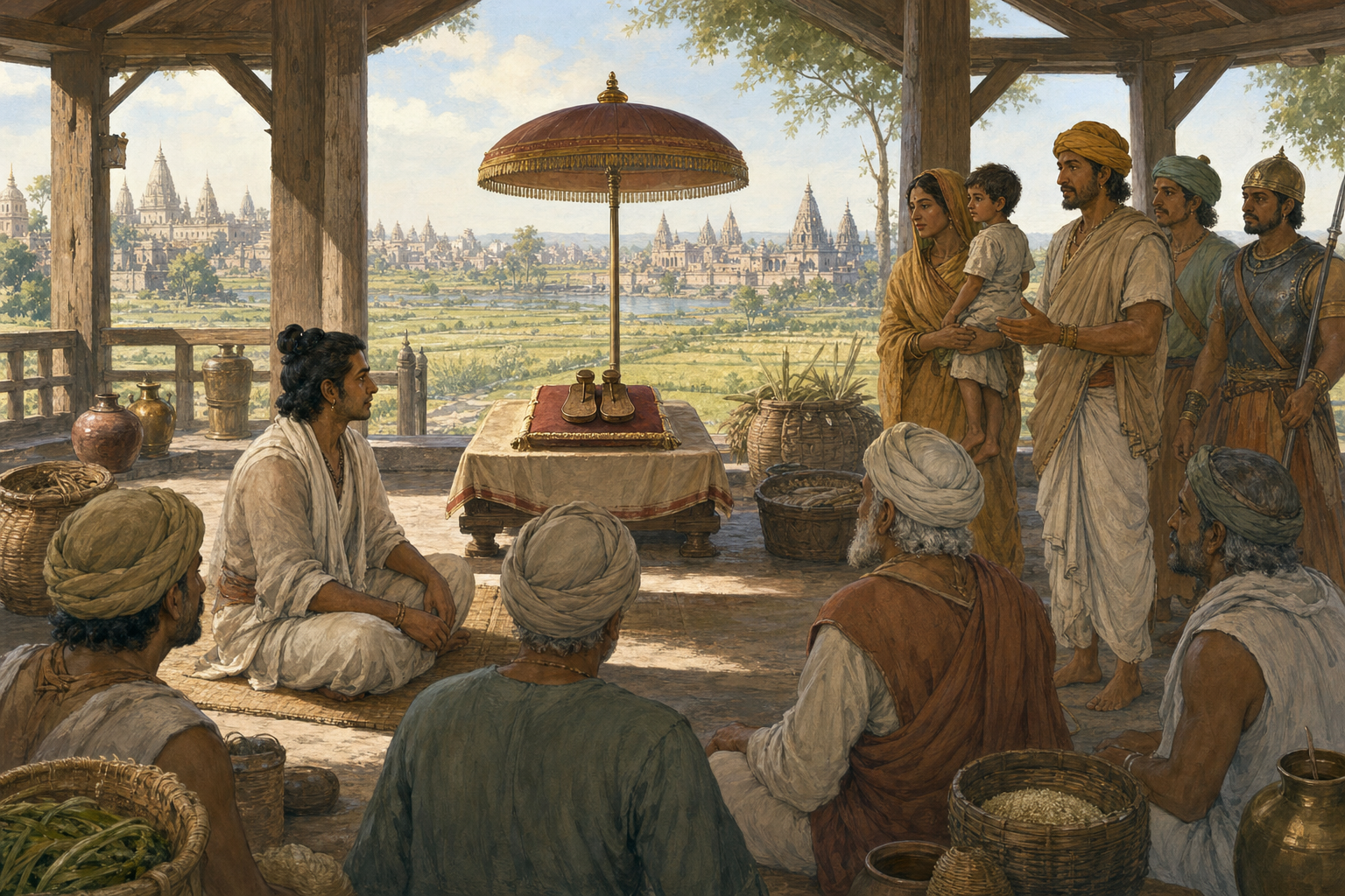 Rama's wooden sandals rest beneath a royal parasol while Bharata sits on a reed mat among citizens presenting matters of governance.