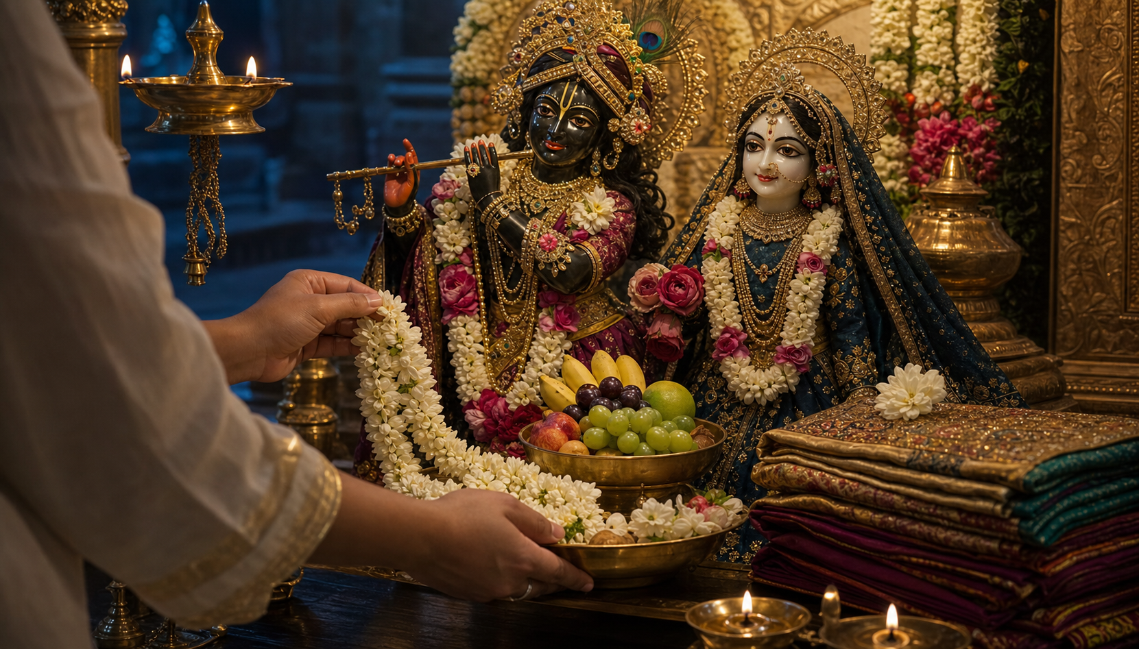 A devotee carefully places a jasmine garland and fruit offering before a Radha-Krishna altar lit by oil lamps.