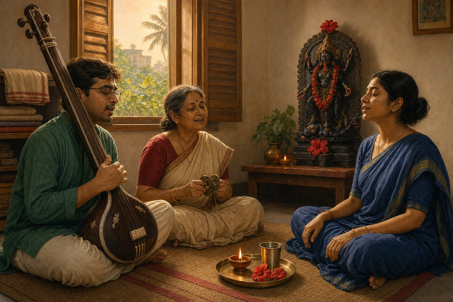 Three family members sing before a small Kali shrine at dawn with a tanpura, hand cymbals, an oil lamp, and hibiscus flowers.