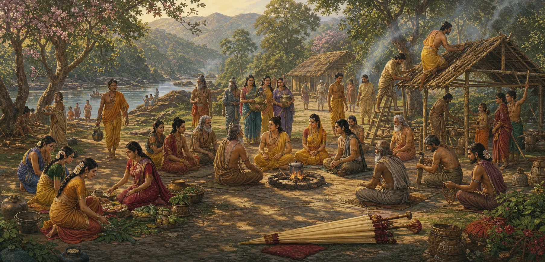 Members of the royal family, citizens, ascetics, and forest residents share practical tasks around Rama's simple dwelling at Chitrakuta.
