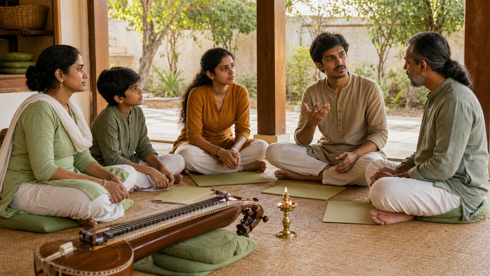 A teacher and a multigenerational group of students practise together in an open-sided ashram classroom at sunrise.