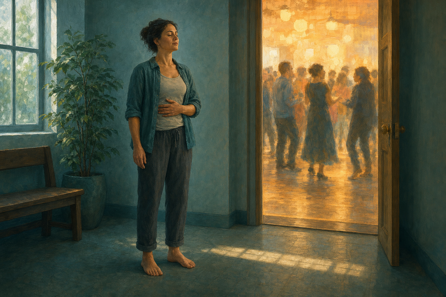 An adult pauses to breathe in a quiet hallway while a crowded, brightly lit room remains visible through an open doorway.