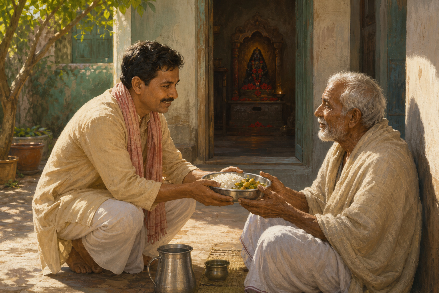 A householder offers a bowl of food to an elderly neighbor in a courtyard while a small Kali shrine remains visible through the doorway.