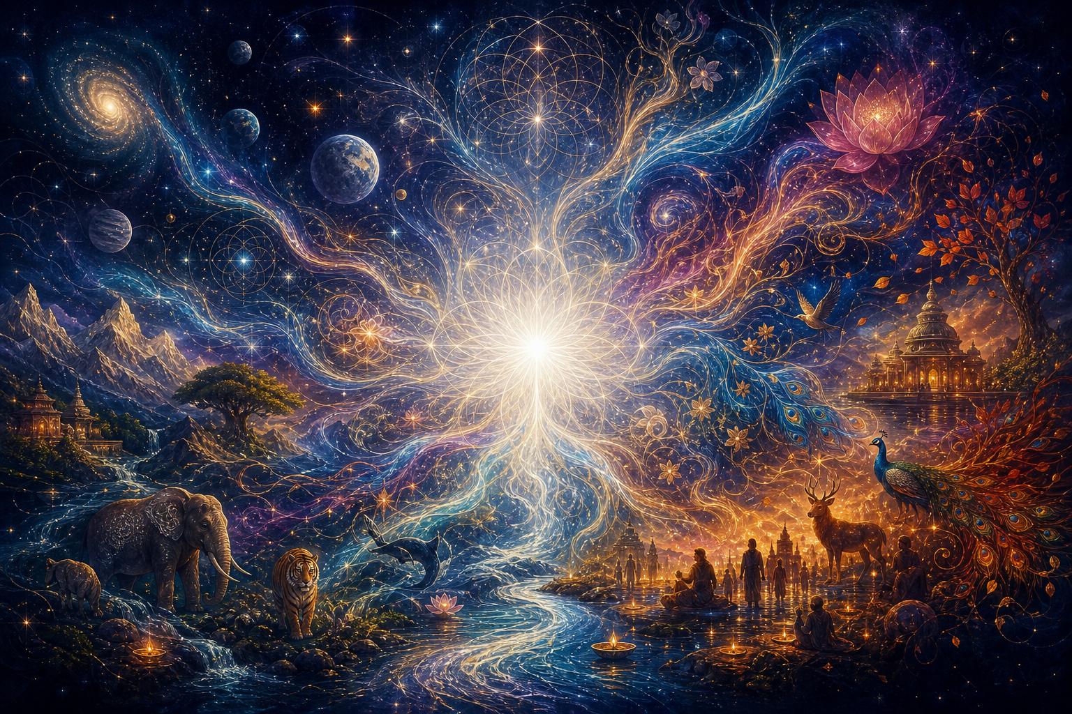 White radiance expands through luminous currents into stars, rivers, plants, animals, people, and temple lamps within an indigo cosmos.