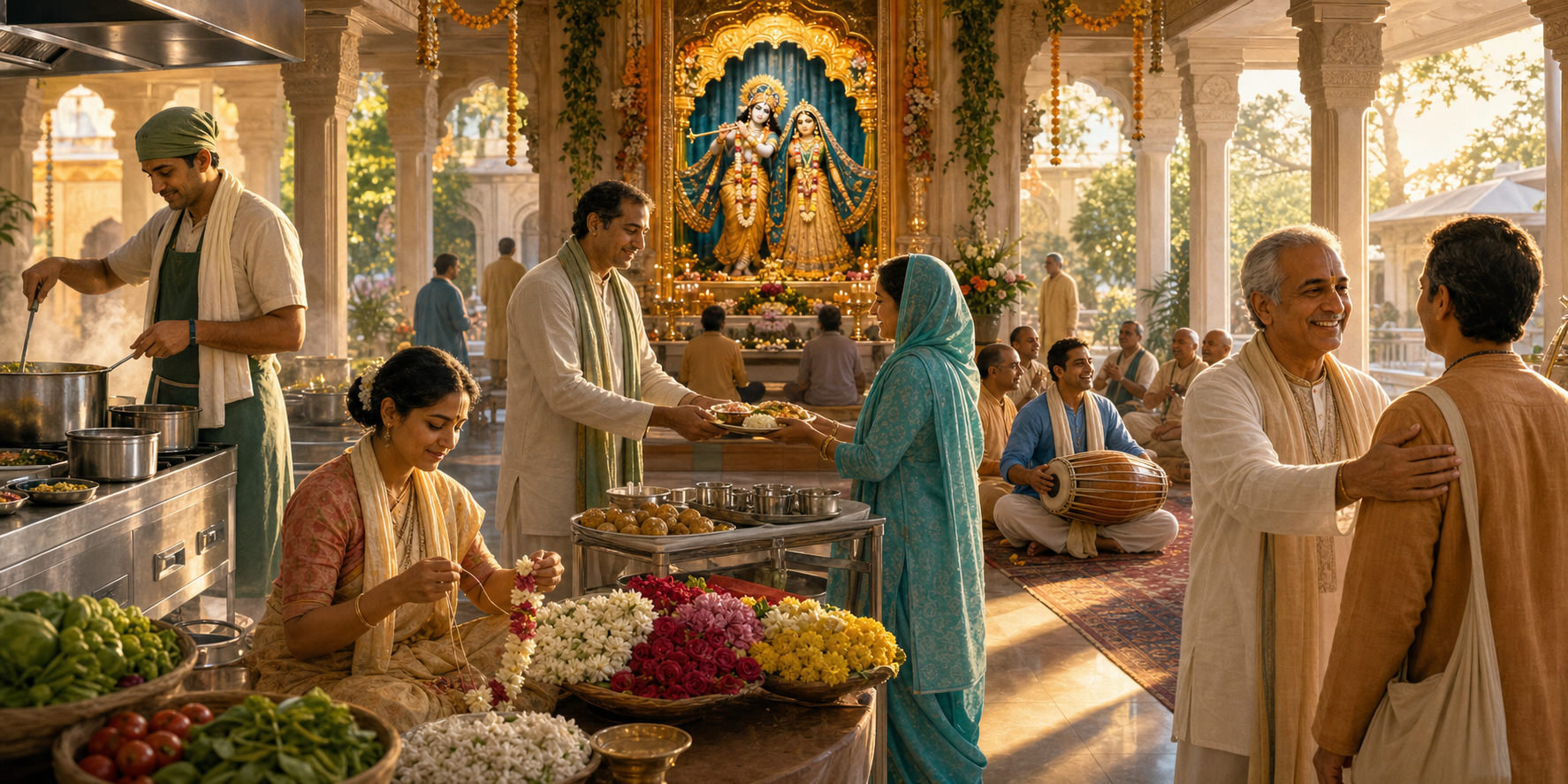 Devotees cook, make garlands, distribute food, play a drum and welcome a visitor around a temple hall with Radha-Krishna at the central altar.