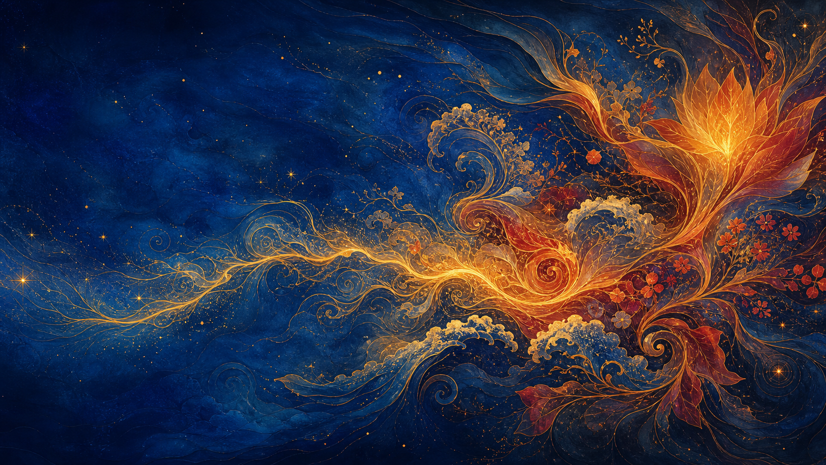 A golden-red current forms ripples, petals, stars, and living shapes within a continuous field of deep blue light.