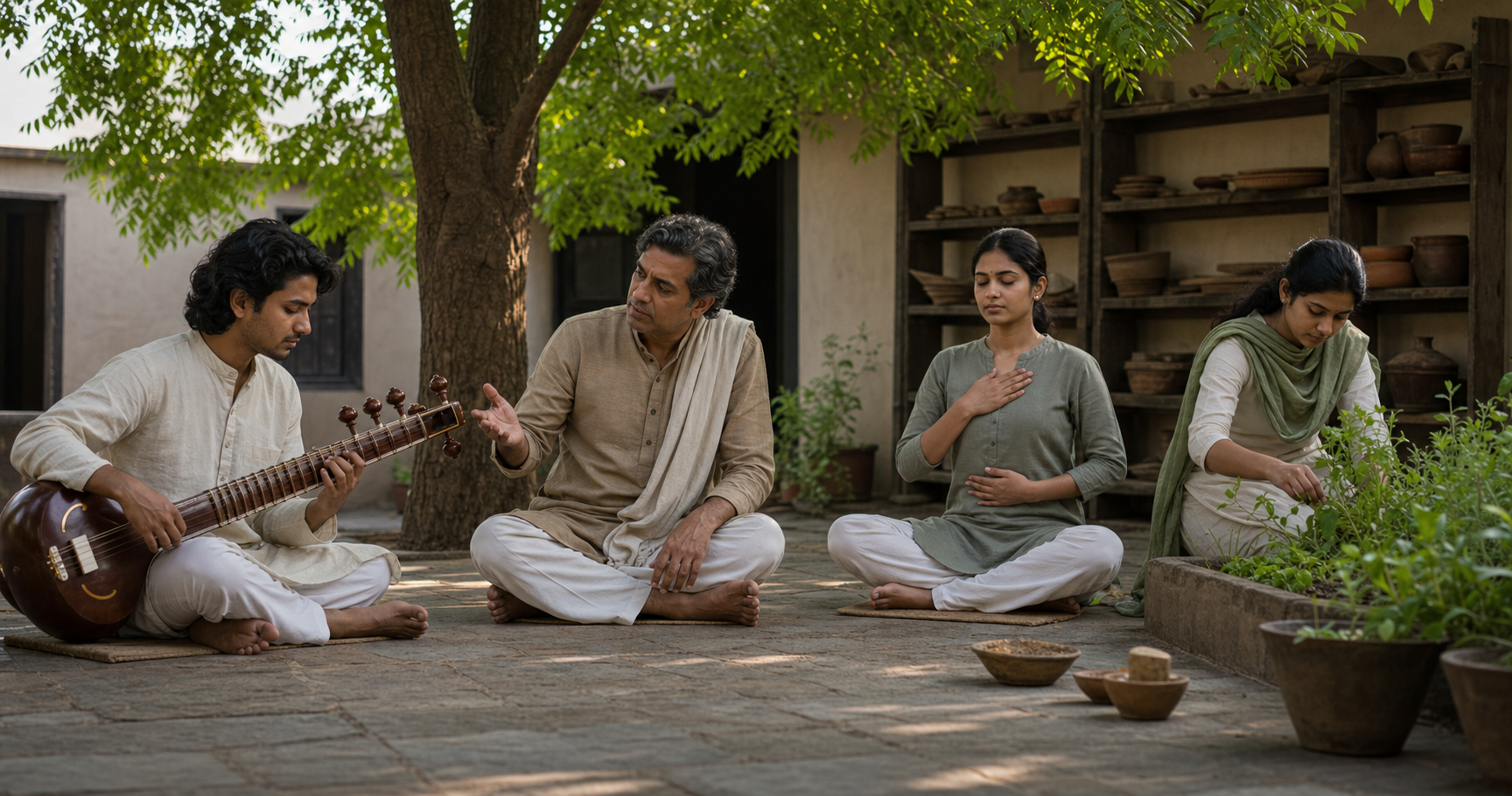 A teacher gives individual guidance to three learners practising music, breathwork, and plant care in a courtyard.