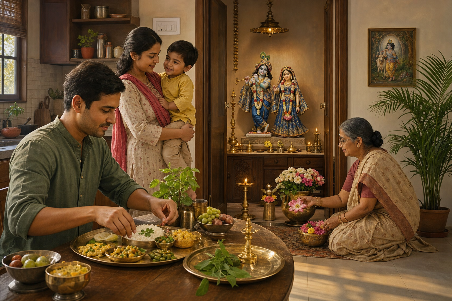 A multigenerational family prepares a vegetarian offering and flowers beside a small Radha-Krishna home shrine.