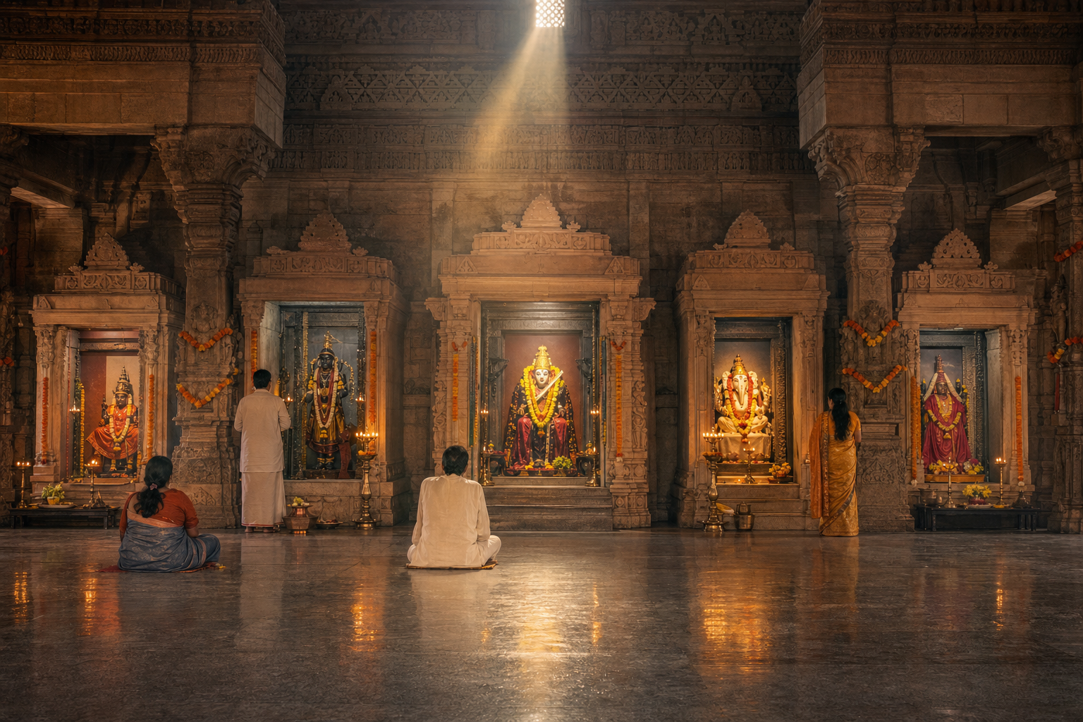 Morning light reaches several distinct shrine niches and worshippers inside a stone Hindu temple hall.