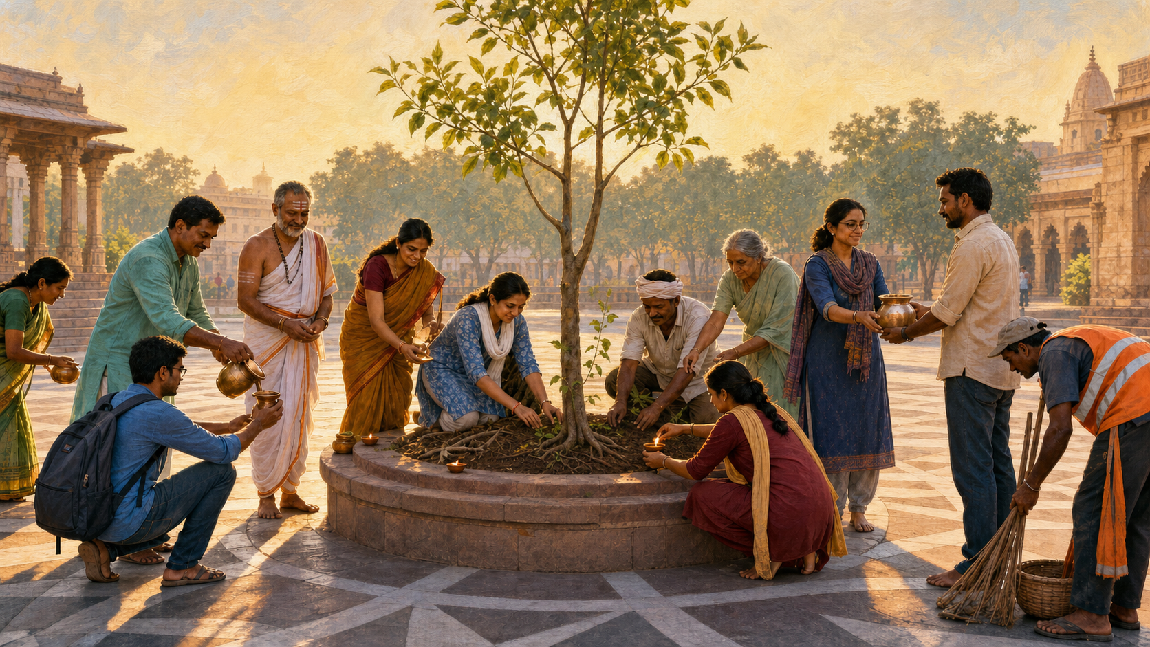 A diverse group of Indian citizens forms a circle around a young banyan tree while tending the soil, sharing water, and lighting clay lamps in a sunlit courtyard.
