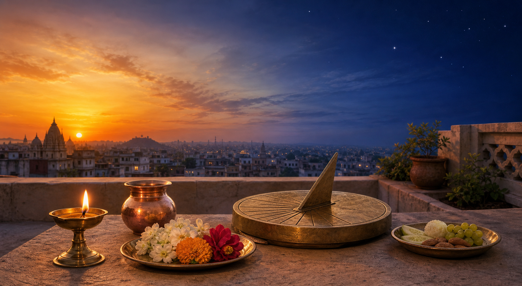 Brass ritual objects and a sundial sit on an Indian terrace beneath a sky changing from warm late afternoon to indigo evening.