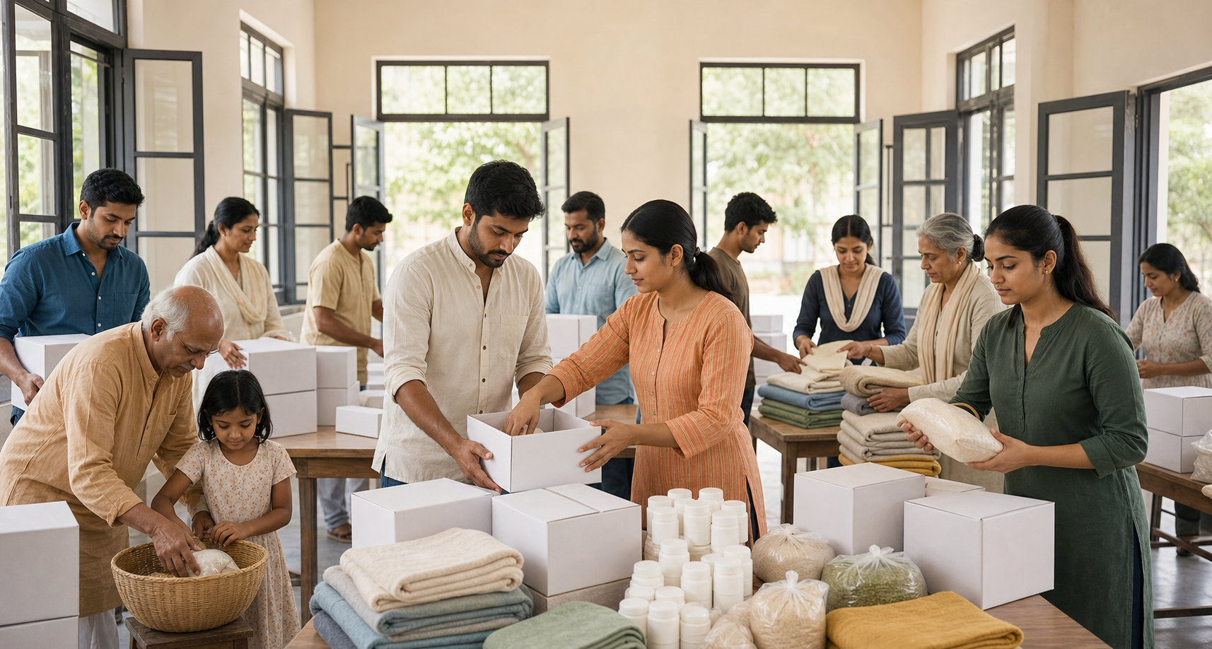 Volunteers of different ages sort food, medicine, and blankets in a community hall while coordinators check unmarked supply boxes.