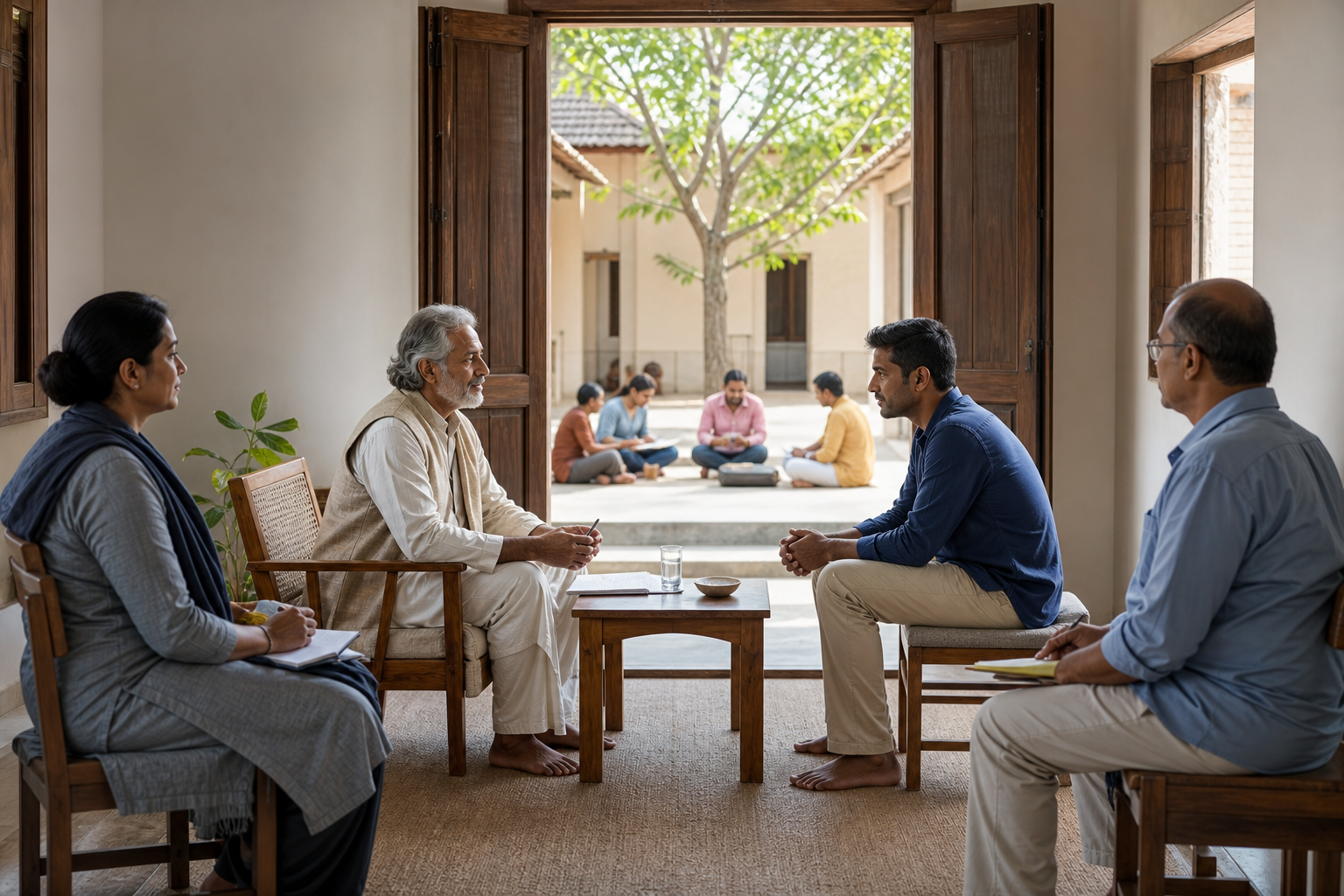 A spiritual teacher and student speak in an open community room while two stewards remain visibly present.