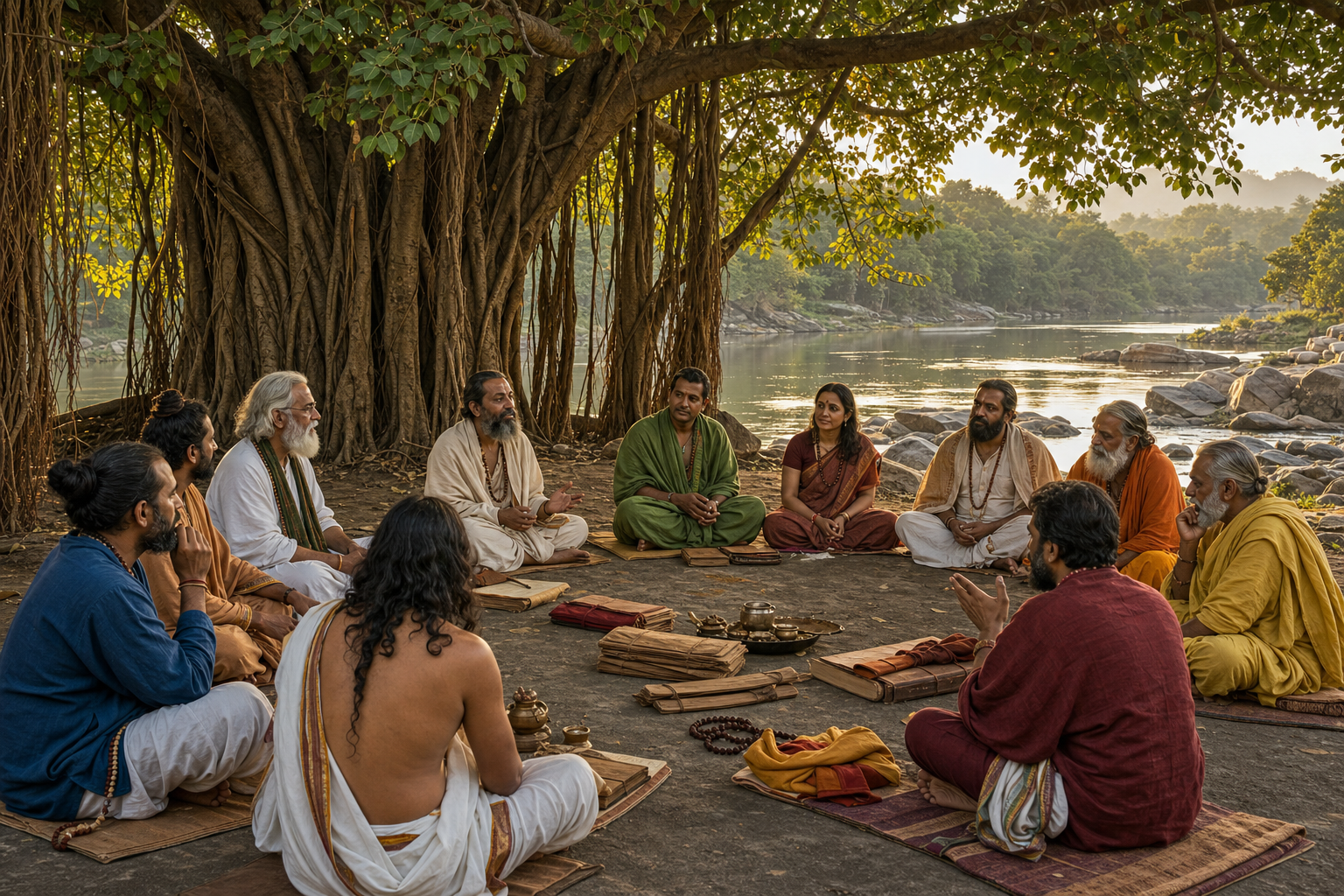 Several scholar-practitioners discuss palm-leaf folios in an equal circle beneath a many-branched banyan tree beside a river.