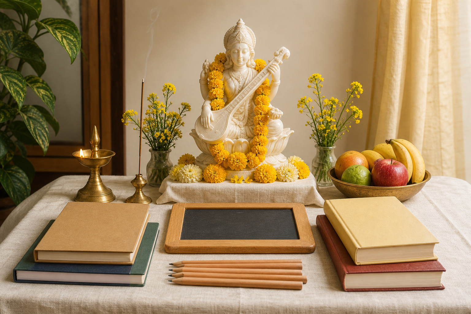 A Saraswati Puja altar arranged with yellow flowers, a brass lamp, fruit, books, pencils, a musical instrument, and a blank slate.