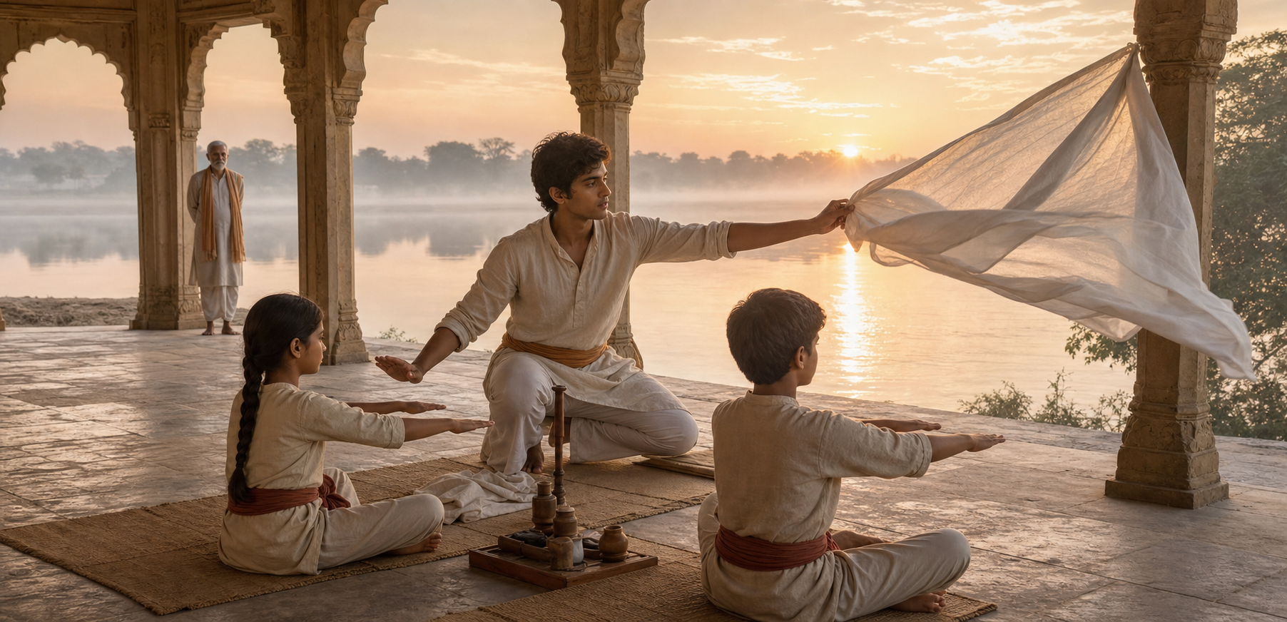 A young adult independently guides two younger students through a dawn practice as an older teacher observes from a distance.