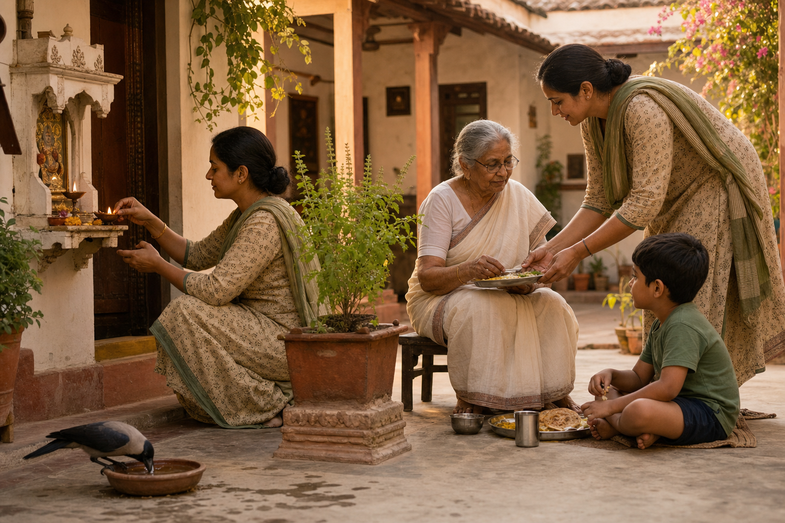A person in a sunlit home courtyard tends a shrine and tulsi plant, serves family members, and sets out water for a bird.