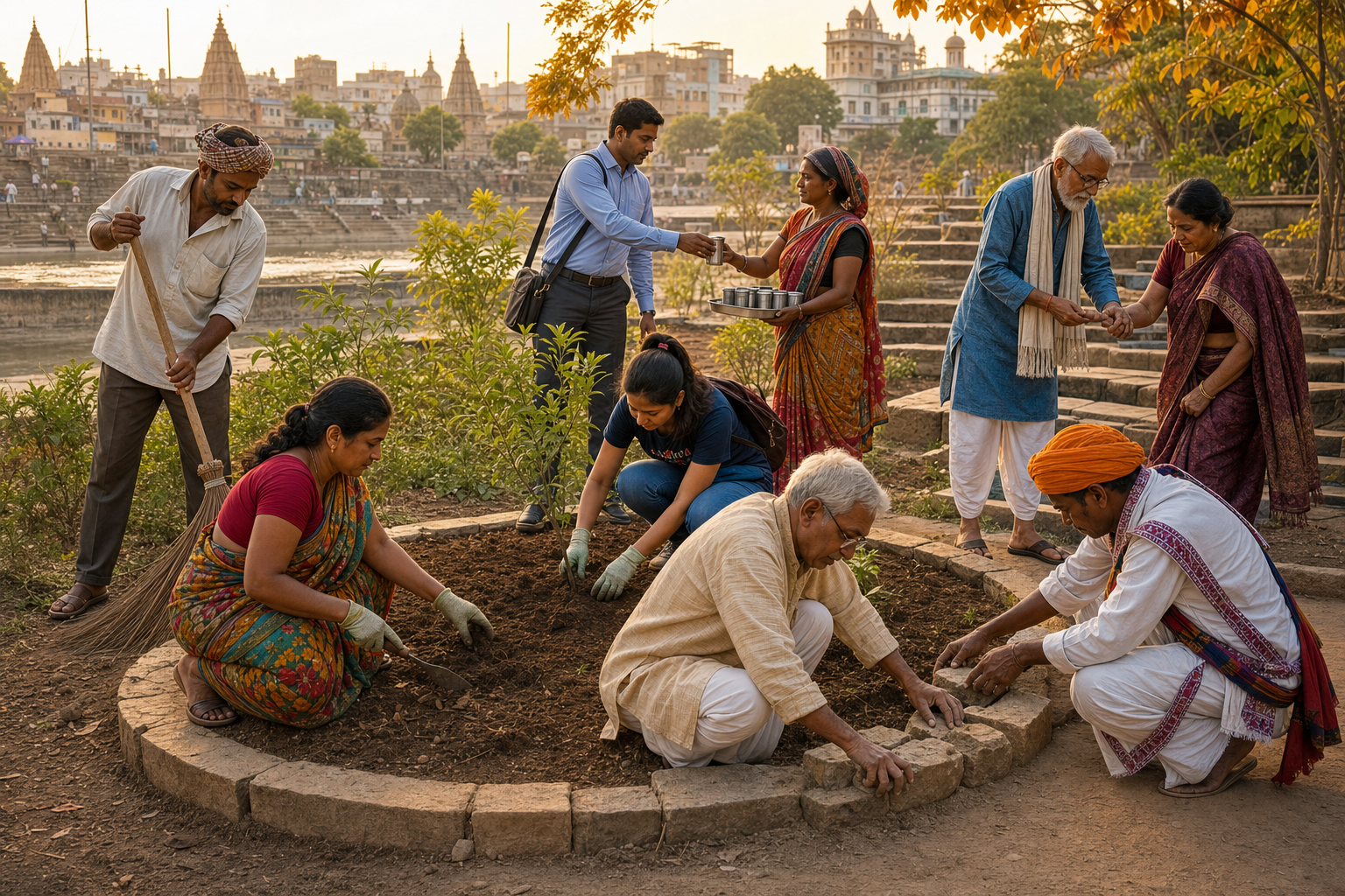 People in varied regional clothing work together to plant, clean, repair stonework, and distribute water beside a public stepwell garden.