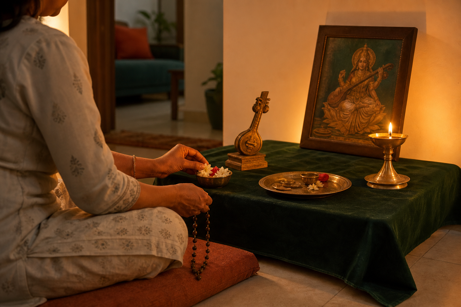 A person performs a simple evening worship practice at a small home altar with one oil lamp, flowers, prayer beads, and a veena symbol.