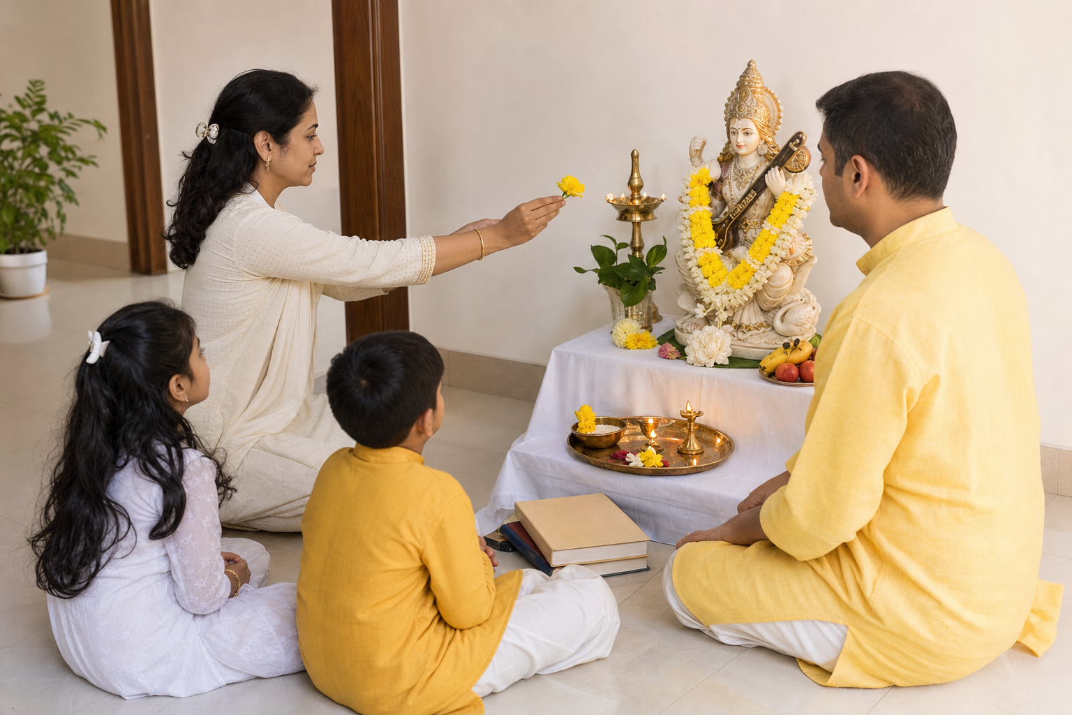 Adults and children offer flowers during a simple Saraswati Puja beside books, fruit, and a glowing brass lamp.