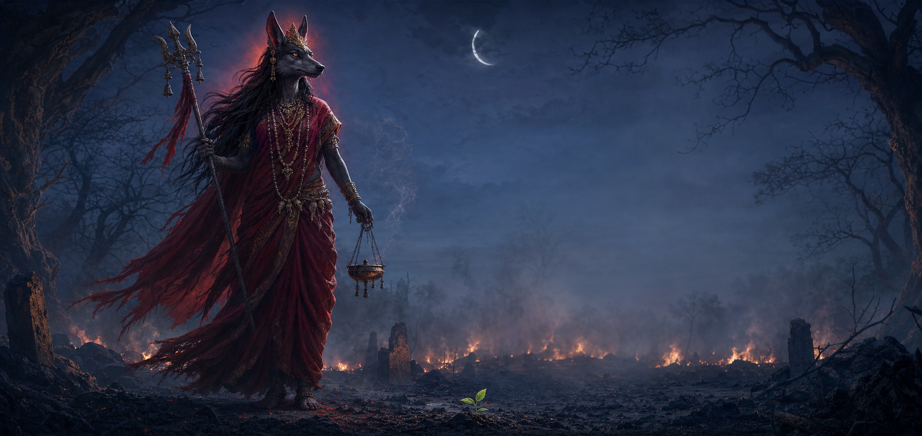 Jackal-faced goddess standing amid smoke and distant embers in a moonlit cremation-ground landscape, with a green shoot emerging from ash.