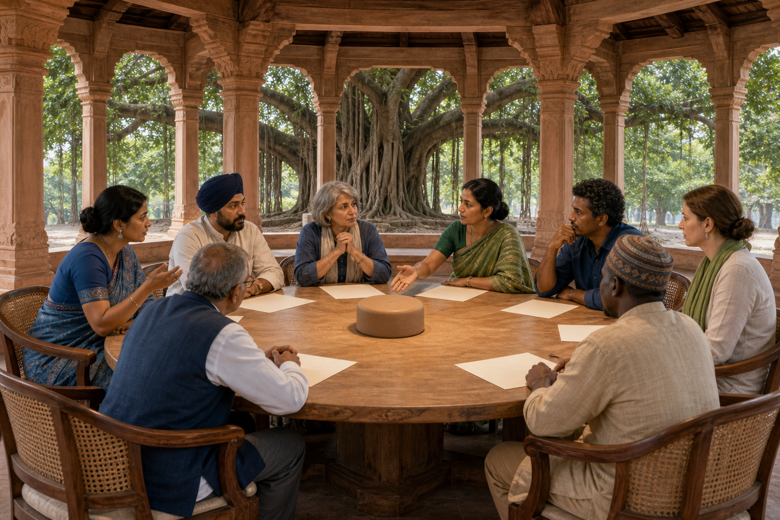 Eight community representatives with differing expressions and gestures remain seated around a circular table in an open pavilion.