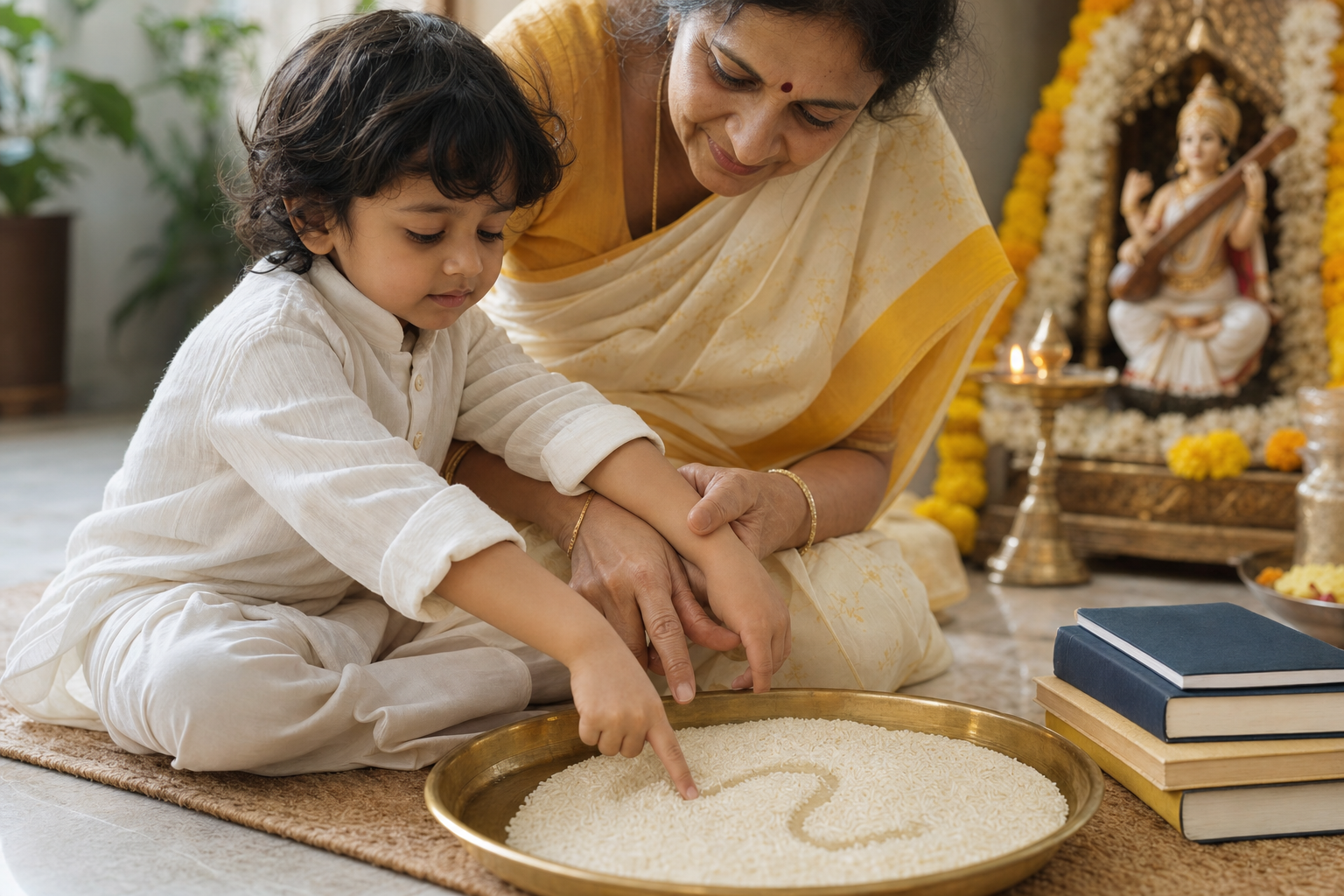 A parent gently supports a young child's hand as the child traces an abstract path in a tray of rice during Vidyarambham.