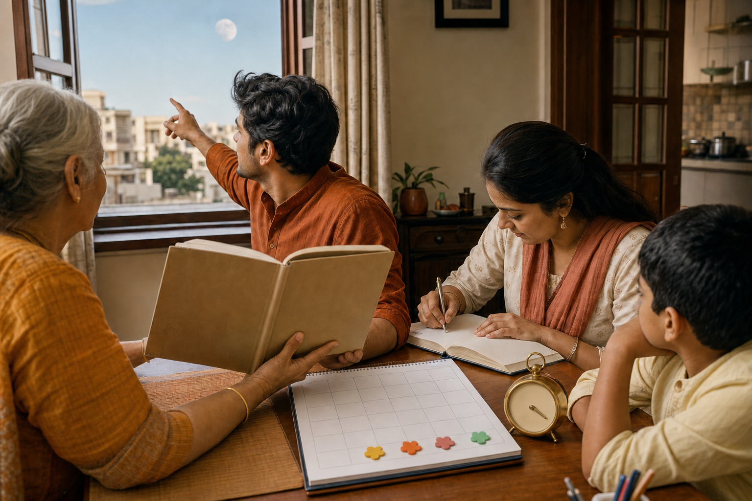 Three generations of a family compare an angled panchang with a tabbed household calendar while the moon is visible outside.