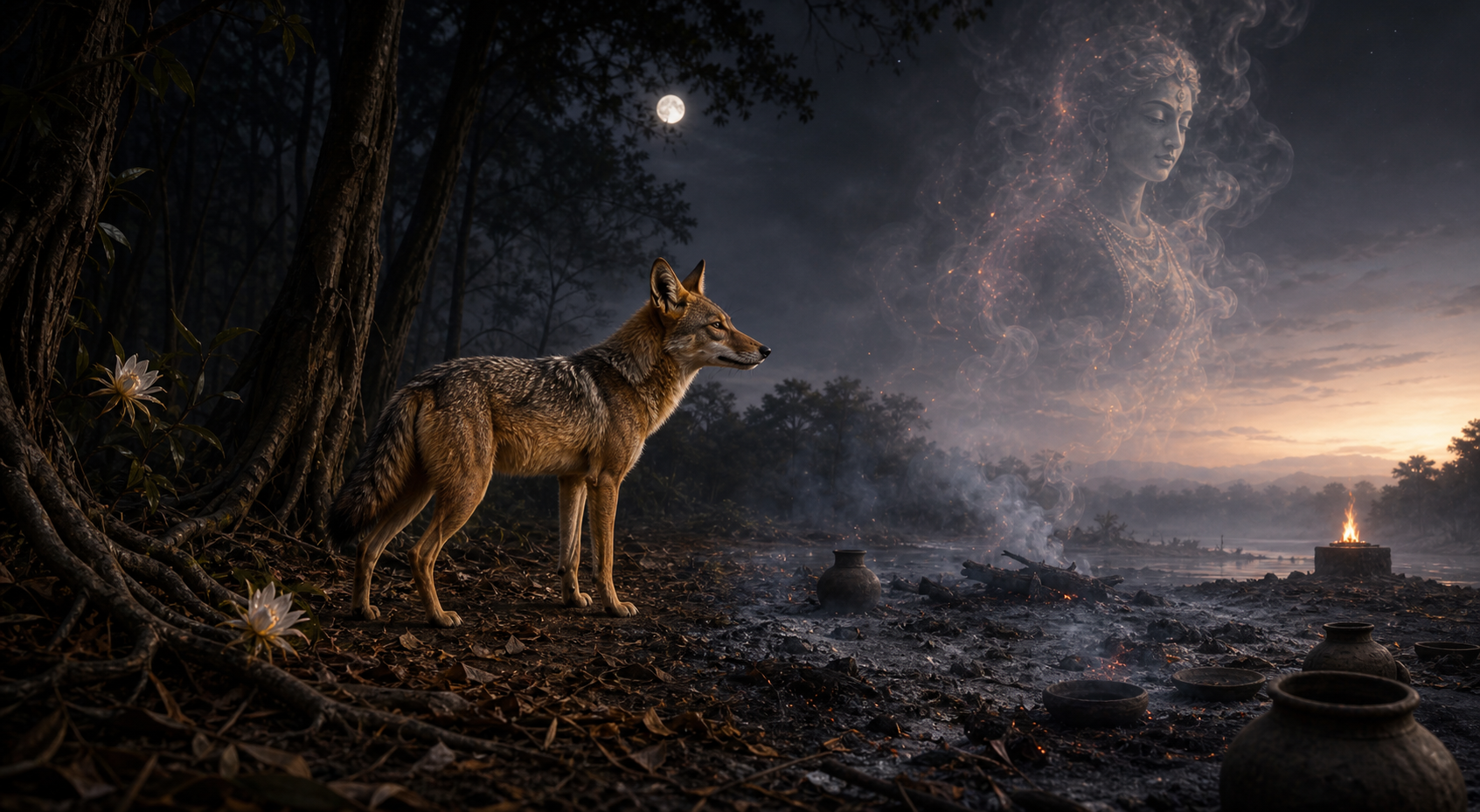 A jackal watches a smoke-formed feminine presence near distant embers at the edge of a dark woodland and cremation ground.