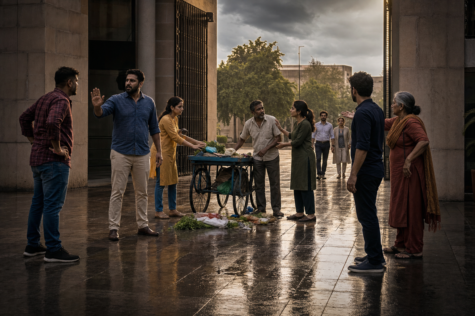 Calm citizens protect a street vendor and halt an escalating dispute as two civic mediators approach across a rain-wet courtyard.