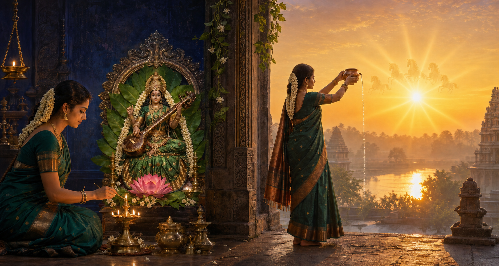 Two-part devotional scene showing lamp worship at a Shyamala altar in the evening and a sunrise water offering for Ratha Saptami.