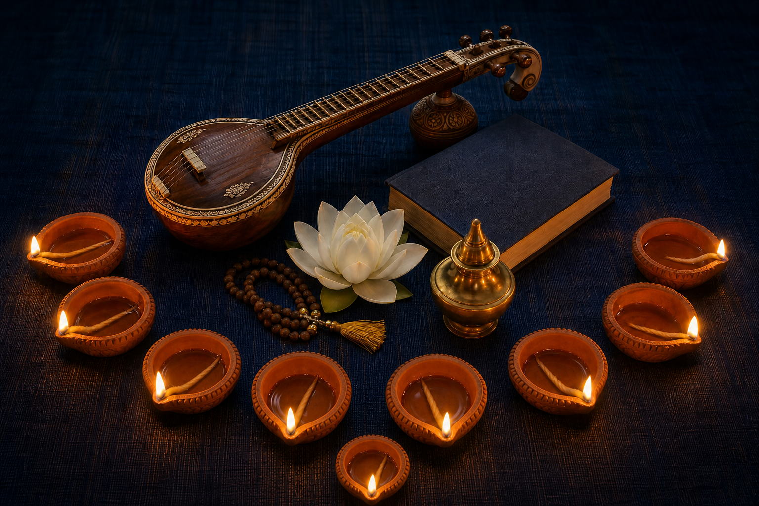 Nine clay lamps form a crescent around a veena, closed book, white lotus, prayer beads, and brass vessel.
