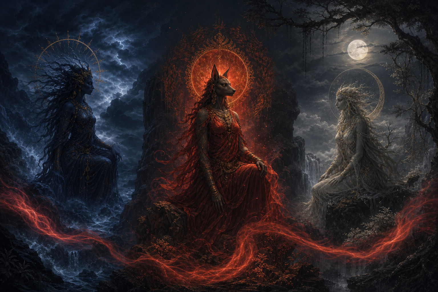 Three distinct fierce feminine presences stand in separate parts of one moonlit landscape, connected by a low ribbon of smoke and red light.