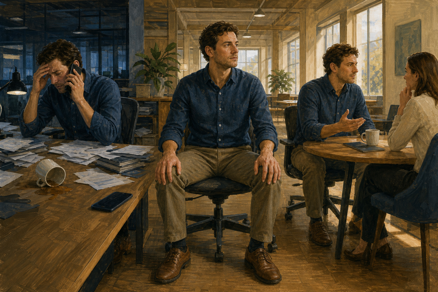 A three-part scene shows an office worker receiving a stressful call, pausing with both feet grounded, and then speaking calmly with a colleague.