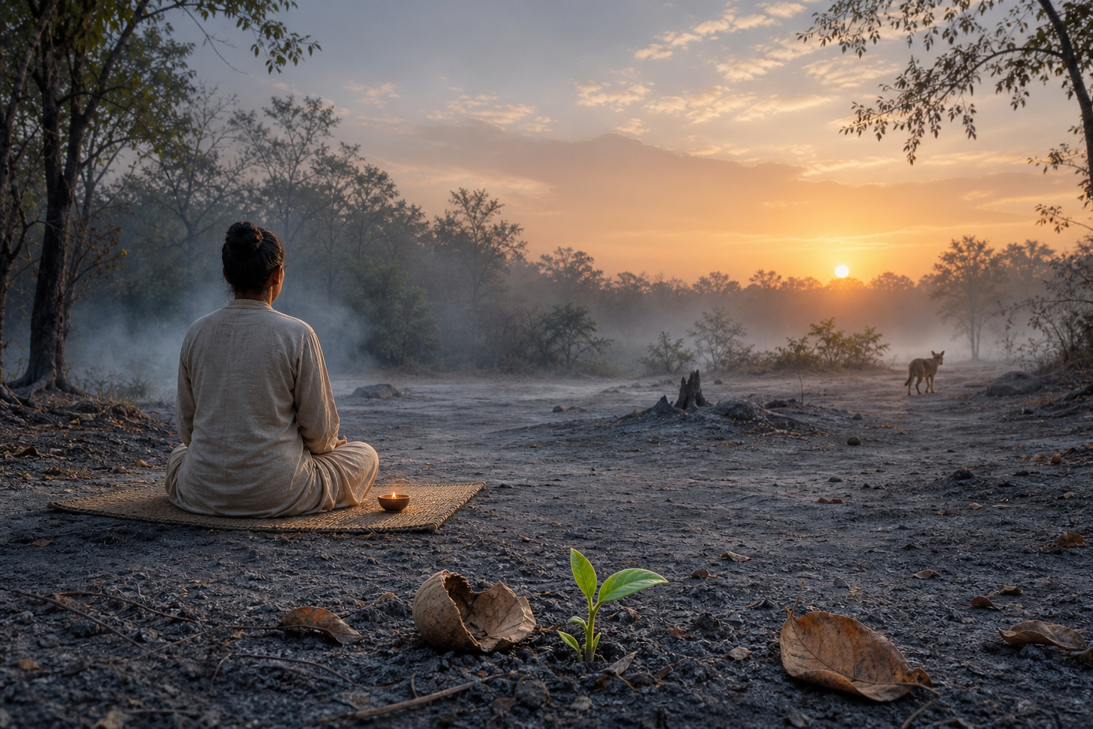 A person meditates beside an earthen lamp at dawn as a green sprout rises near ash and a jackal walks toward the trees.