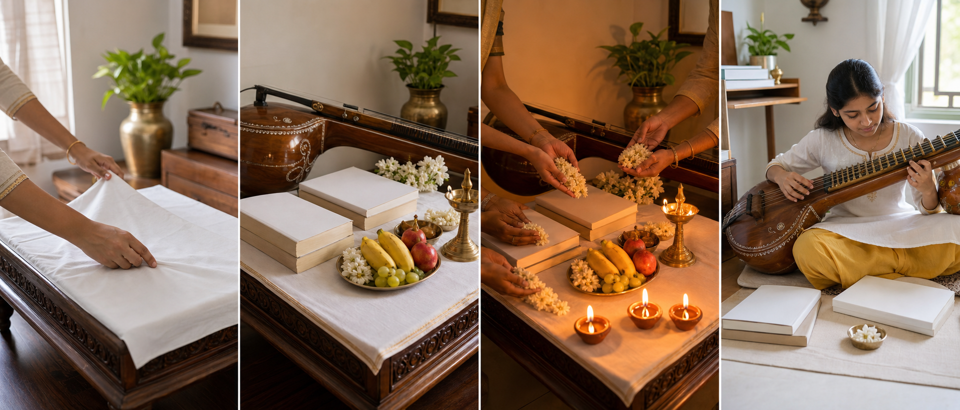 Four vignettes show an altar being prepared, books and a veena being placed, flowers being offered, and music practice resuming.