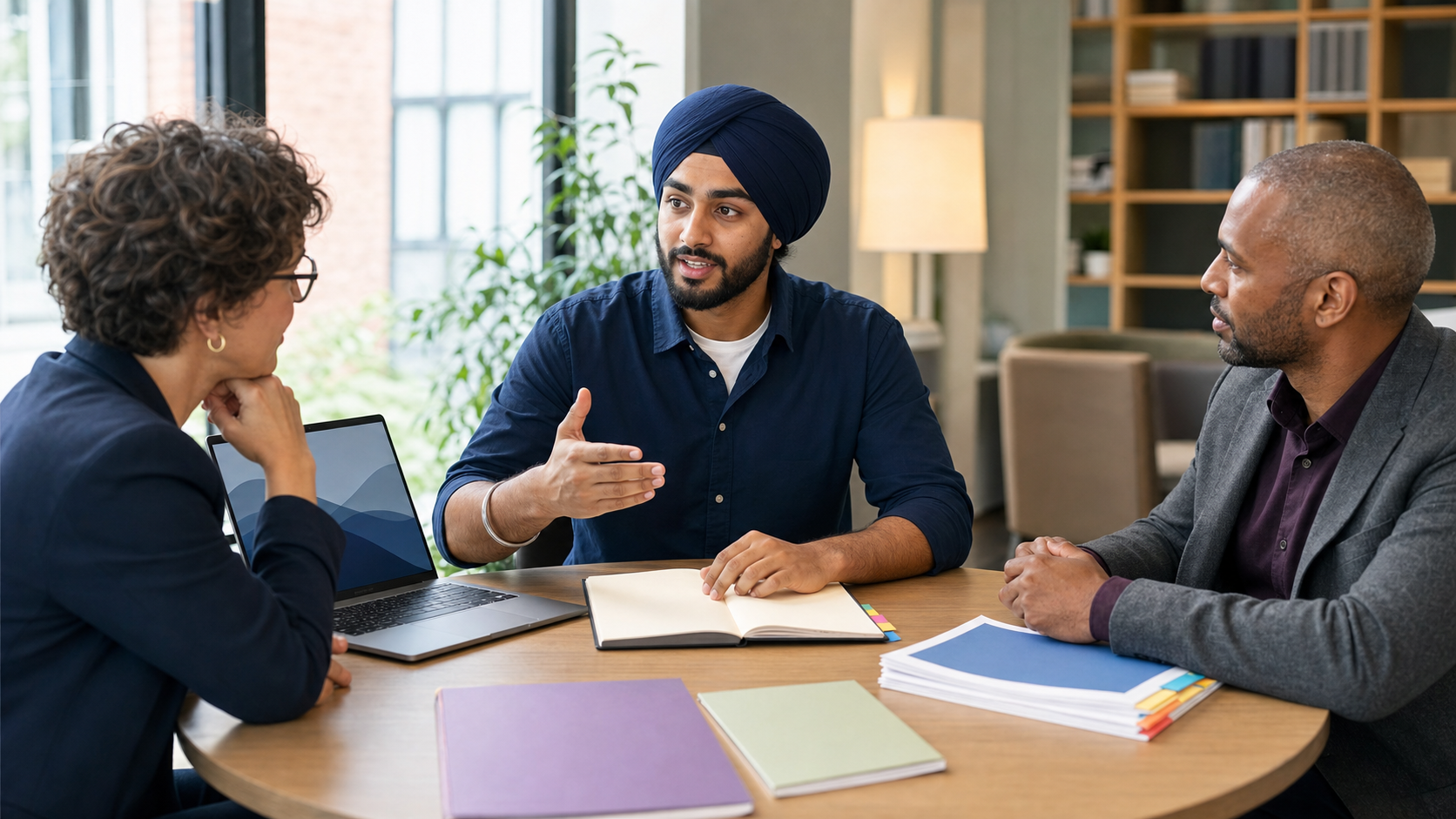 A Sikh applicant wearing a navy dastar and kara discusses application materials with two mentors at a round office table.
