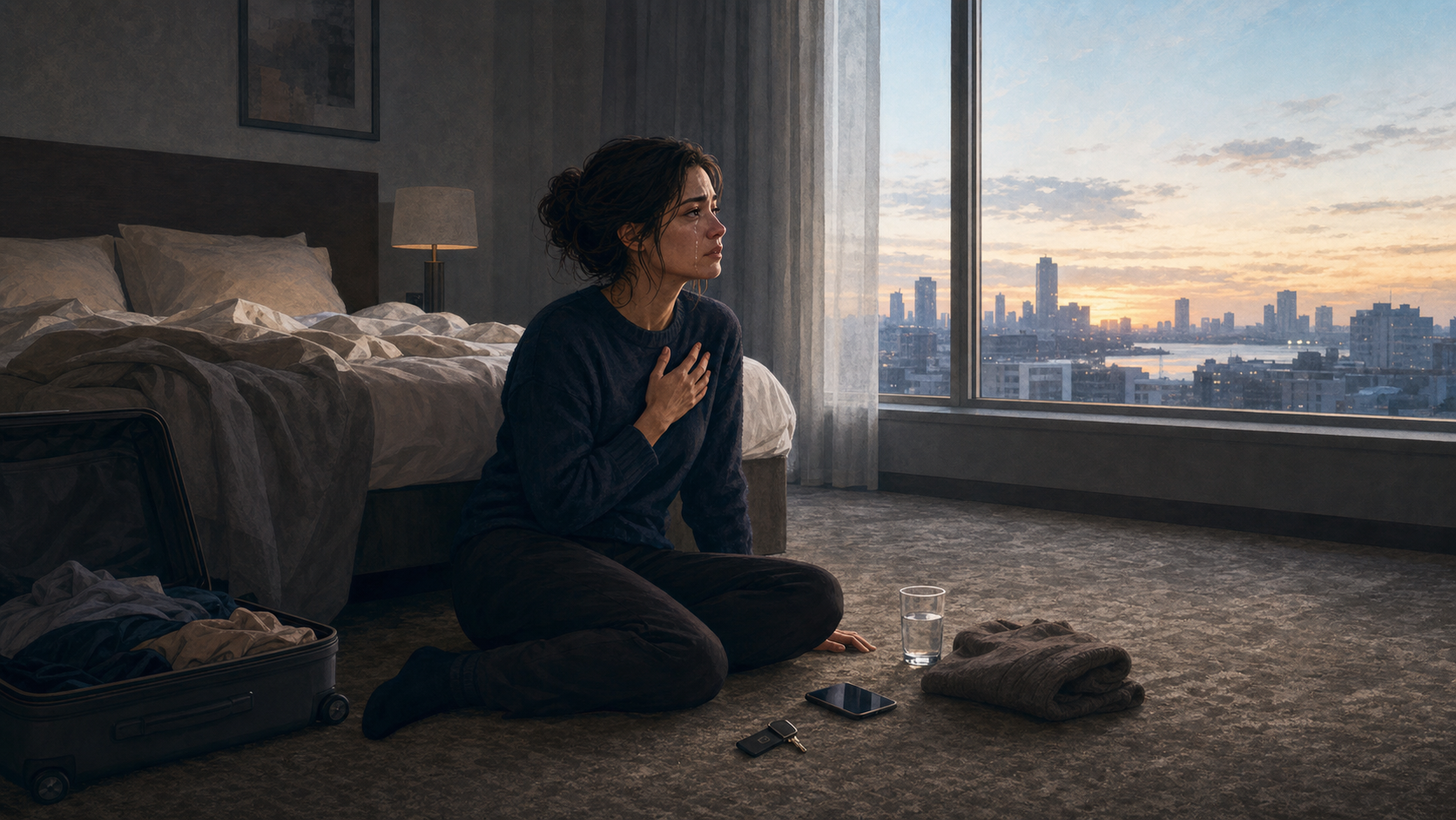 A tearful traveler sits beside an open suitcase in a softly lit hotel room at dawn, with one hand on the floor and a city visible through the window.