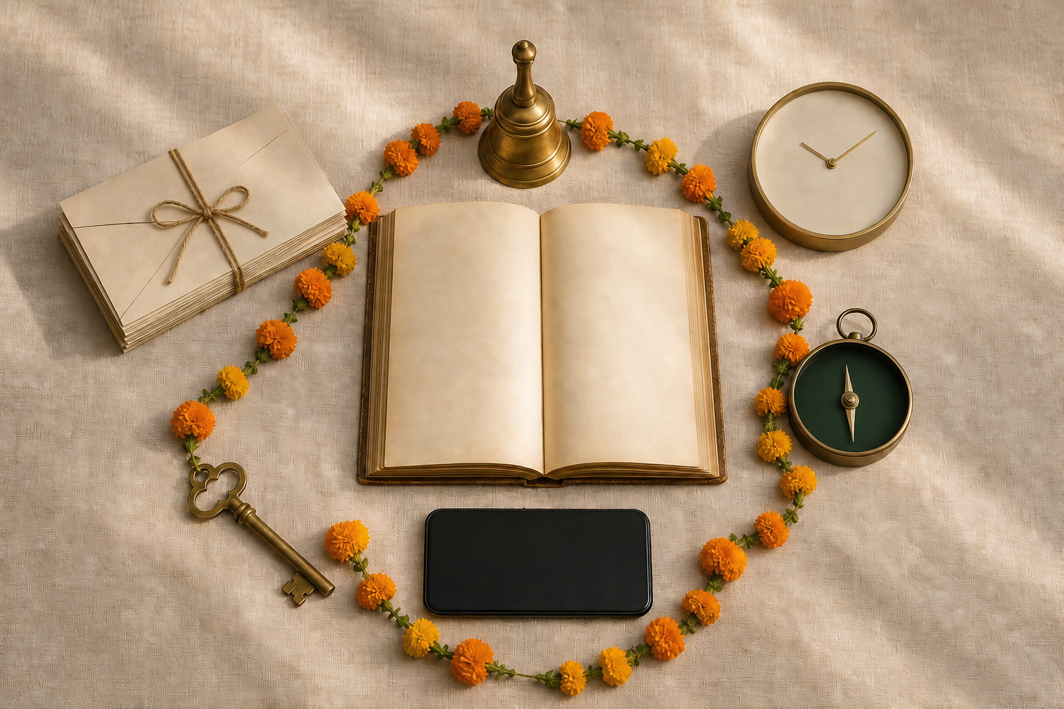 An open blank almanac is arranged with a bell, clock, compass, phone, key, invitations, and marigold flowers on a linen-covered table.
