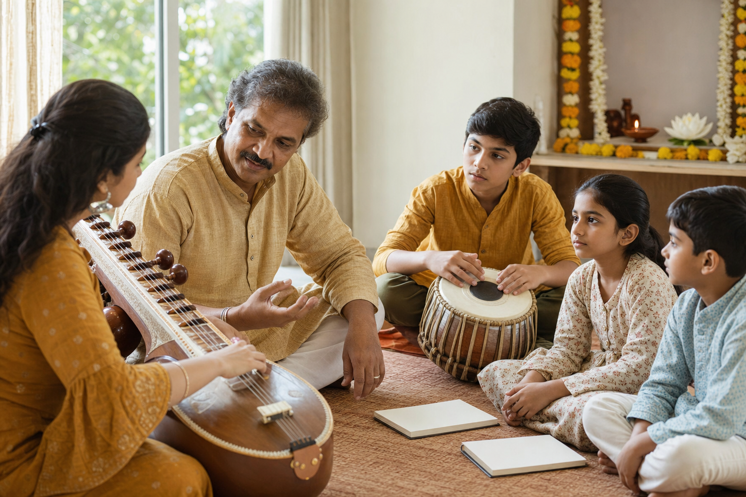 An older musician teaches veena and rhythm to a mixed-age group in a bright community room with a small flower-decorated shelf behind them.