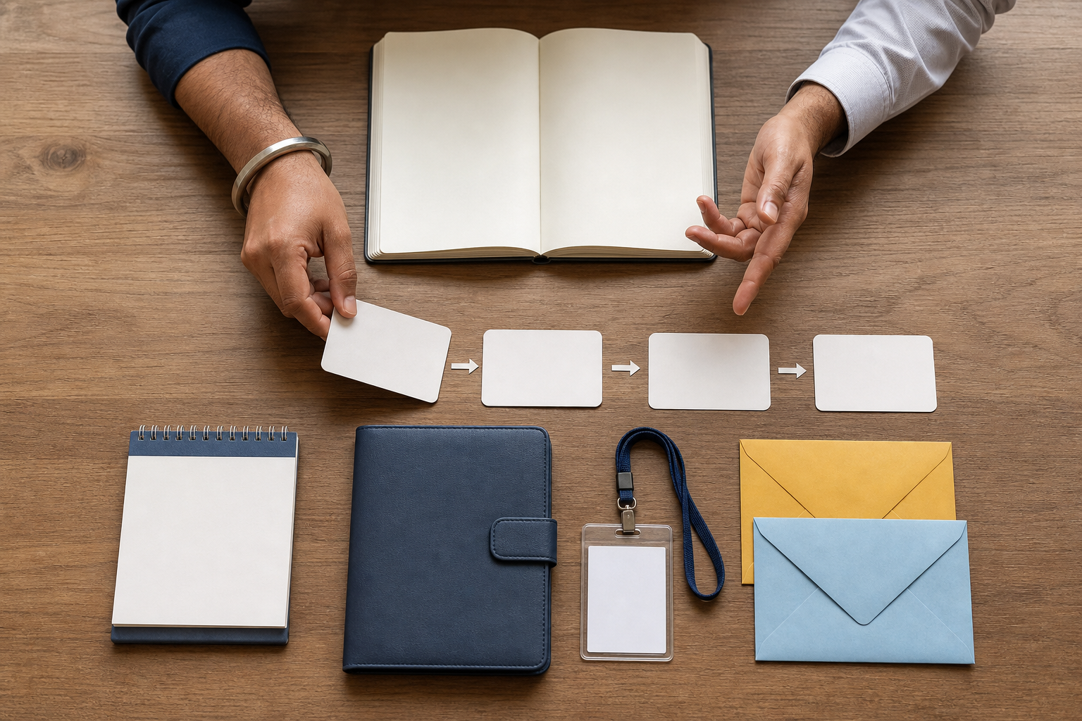 An applicant and mentor arrange blank planning cards, a calendar tab, a portfolio, a visitor badge, and offer envelopes on a table.