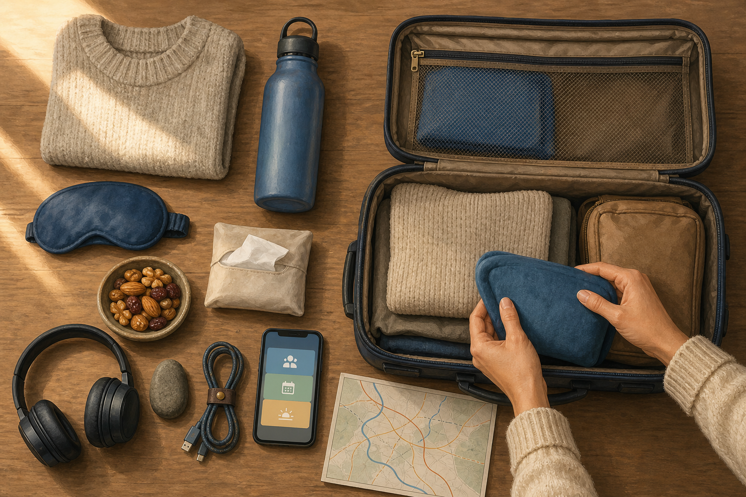 Hands pack a carry-on with water, snacks, headphones, a sleep mask, tissues, a soft sweater, and other comfort items on a wooden table.